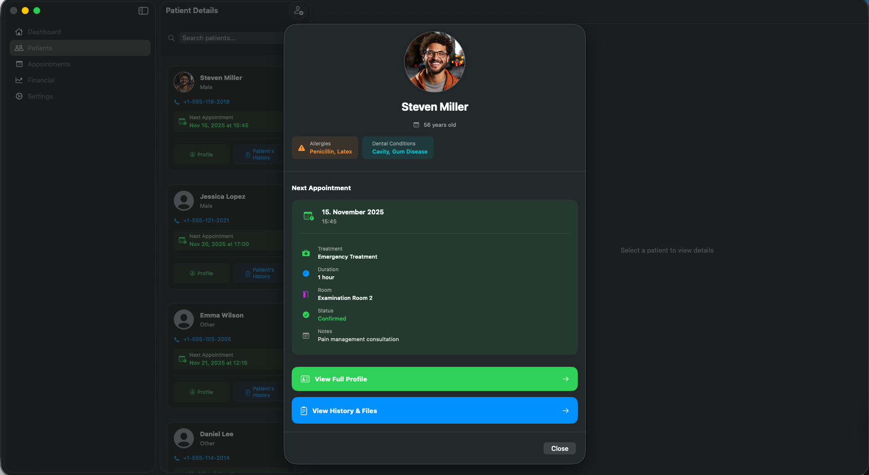 Patient management list and detailed patient profile in Dentail